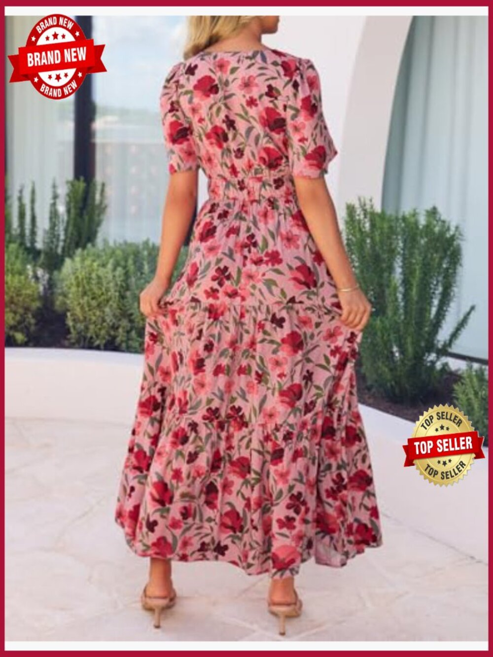 Women's Short Sleeve V Neck Floral Maxi Dress Boho Beach Vacation A-Line - Picture 4 of 7